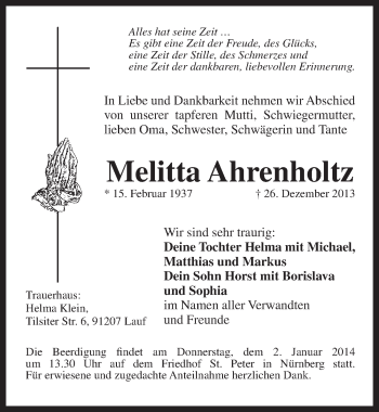 Traueranzeige von Melitta Ahrenholtz von Pegnitz-Zeitung